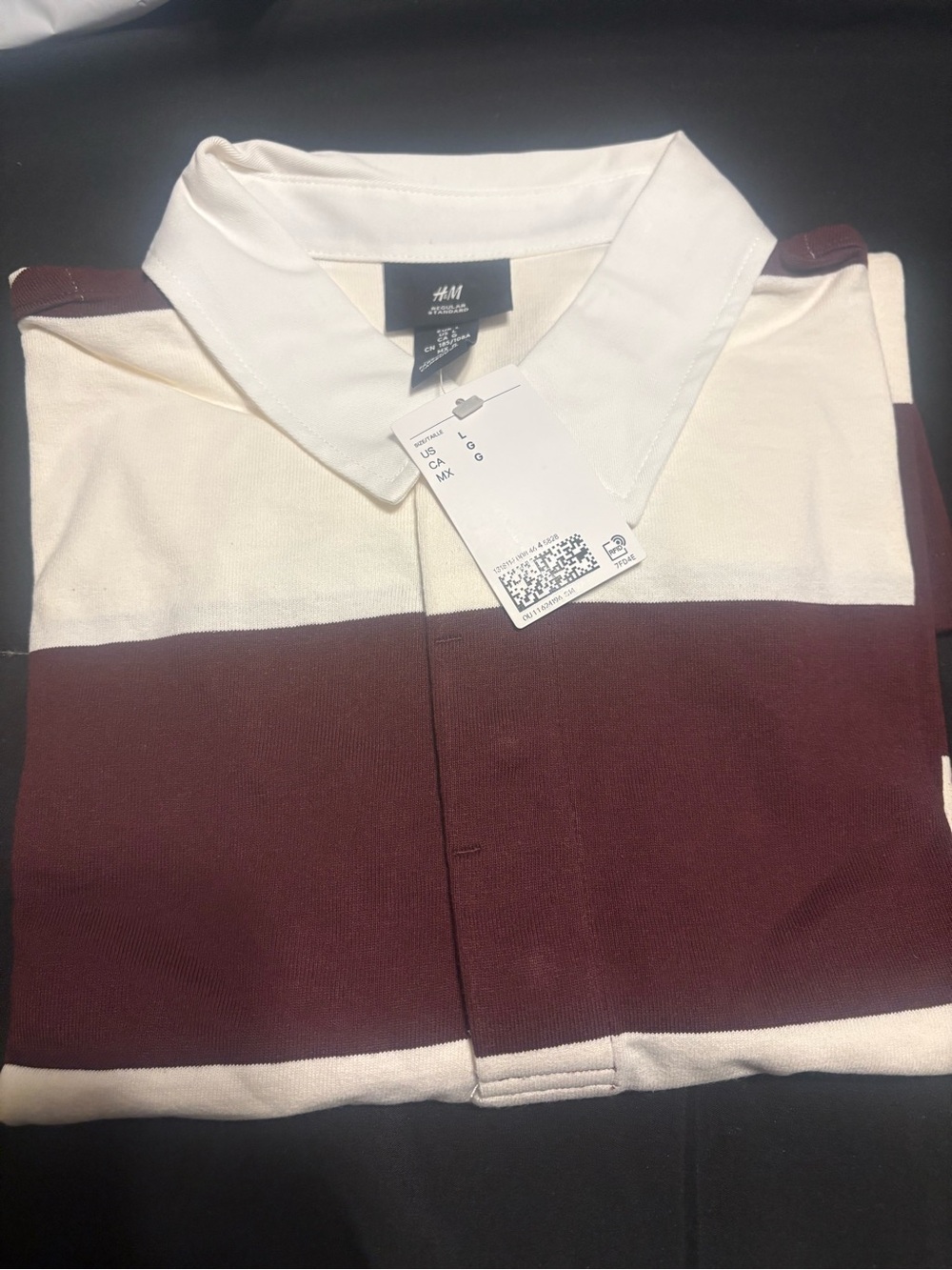 H&M Men’s Cream and Burgundy Striped Long Sleeve Polo
